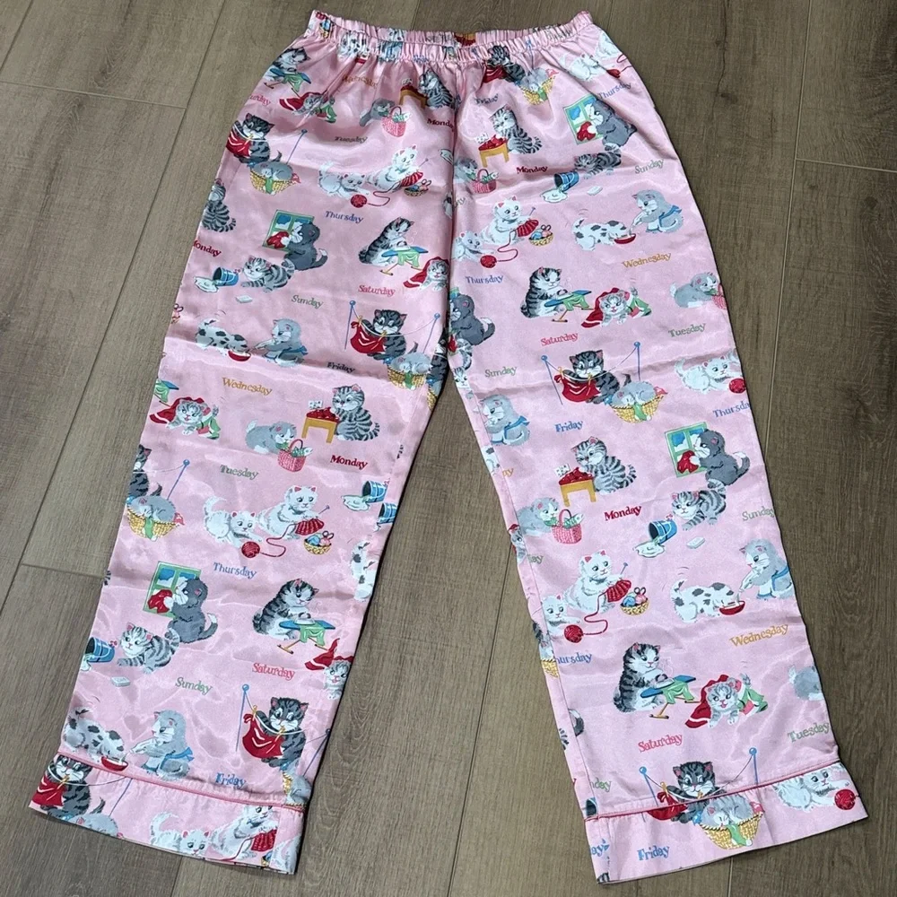 Nick & Nora Girls XL 14/16 Pink Satin Pajama Pants Kitten Cats Days Of Week Meow